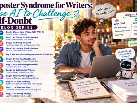 Young male writer sitting at a table with a laptop and coffee, looking thoughtful while reflecting on self-doubt, with an AI robot beside him and notes about challenging negative thoughts.