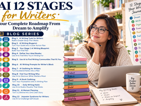 Writer’s roadmap showing 12 stages from Dream to Amplify, covering writing, organizing, formatting, protecting, publishing, sharing, growing, building, finances, connecting, and amplifying a writing career.