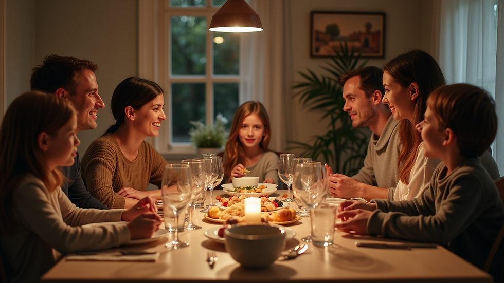 Eye-level view of a cozy family gathering around a dinner table