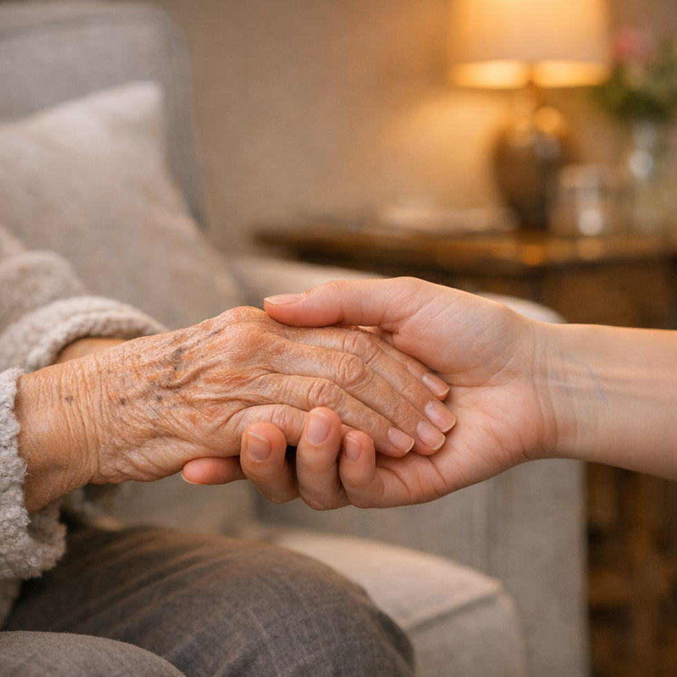 Junge Hand hält alte Hand, sitzt auf Sofa. Warme Lampe im Hintergrund. Atmosphäre der Fürsorge und Geborgenheit.