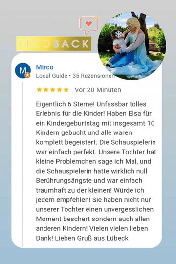 Feedback Kundenmeinung 
Rezension HeldenZauber Bewertung Kindergeburtstag feiern in Hamburg Superhelden Prinzessin buchen 