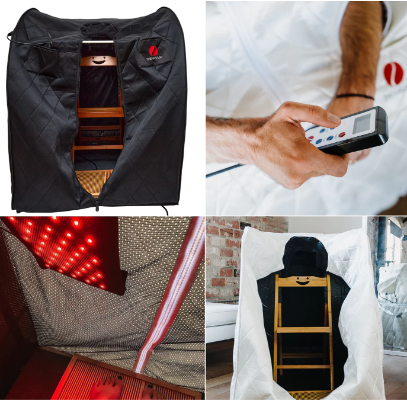 Grid photo with black Thera360 sauna front view, red lights, back view with chair, man holding thera360 Plus remote control