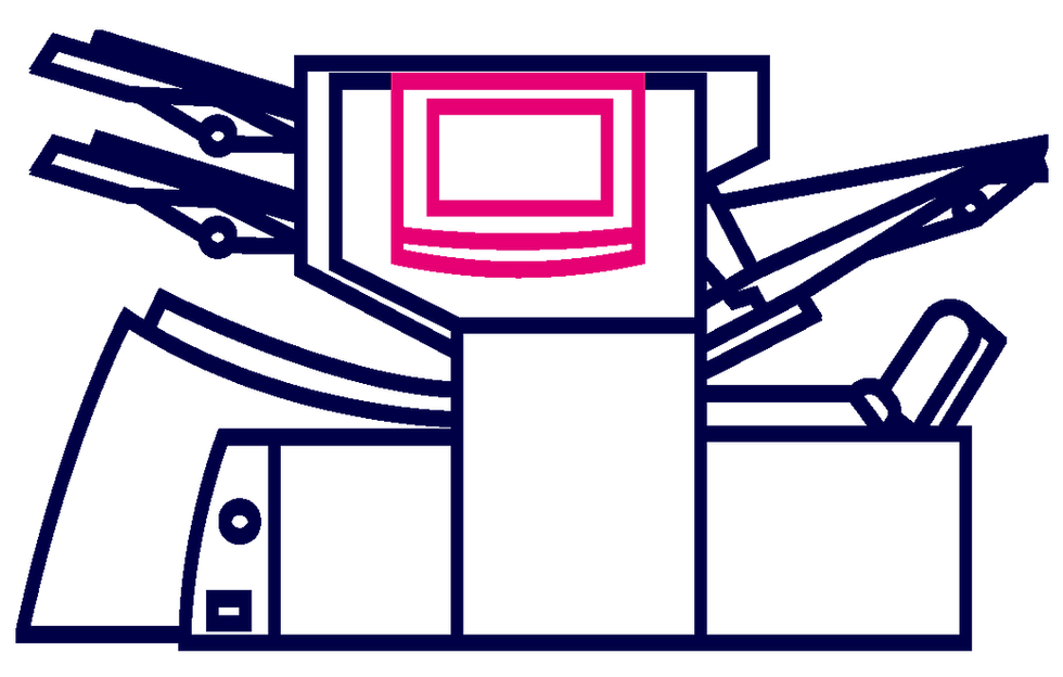 Pink and blue outline of a folder inserter