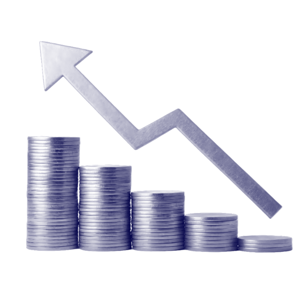 Silver coin stacks with a rising arrow for financial growth