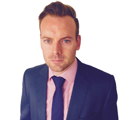 Professional headshot of a man in a navy suit and tie