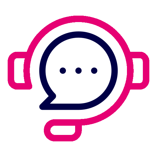 Pink headset icon with a blue speech bubble inside.