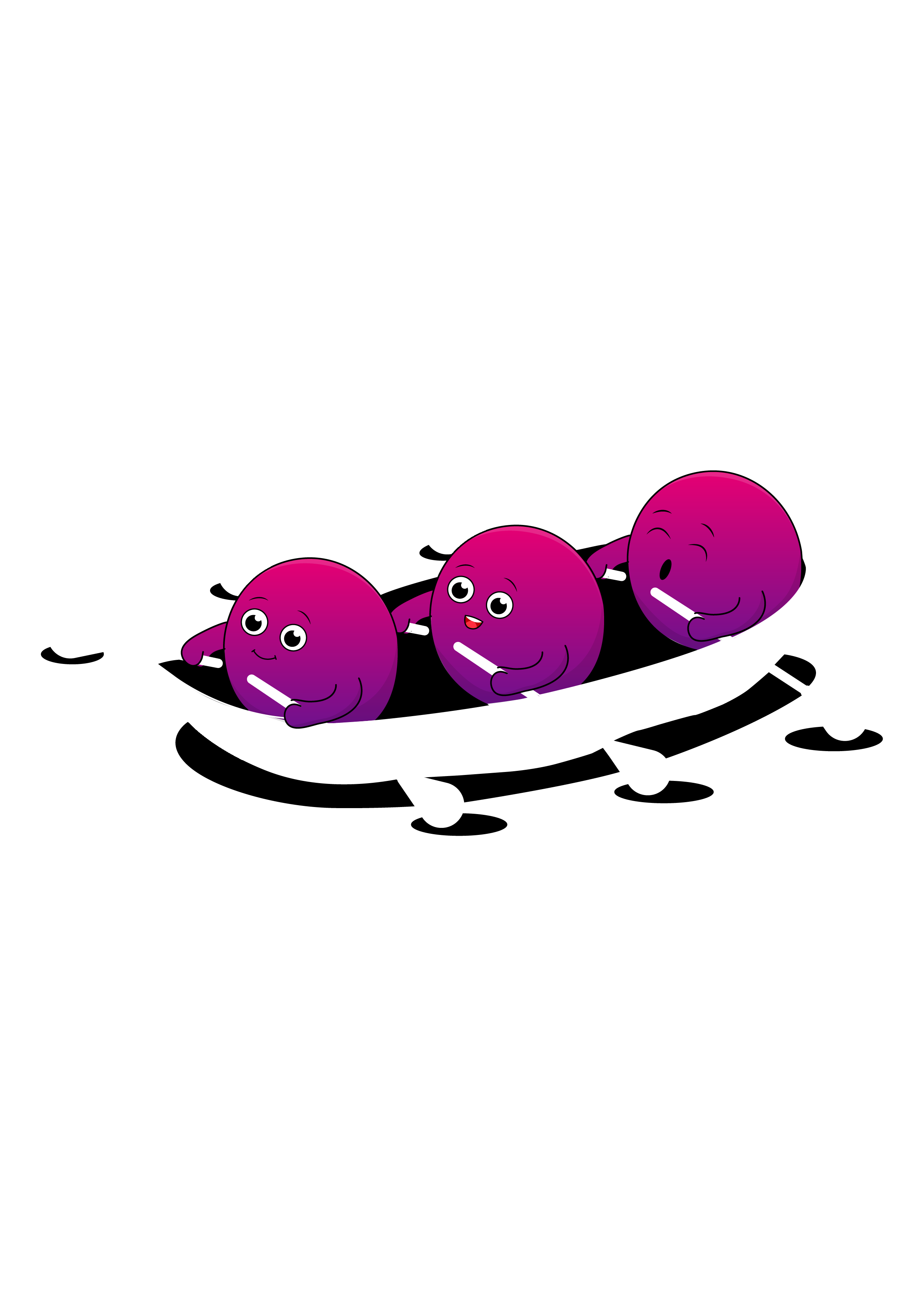 Three round magenta characters rowing a boat together.