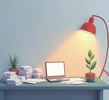 minimalist_conceptual_illustration_of_a_work_desk_with_scattered_papers_and_a_faintly_glow