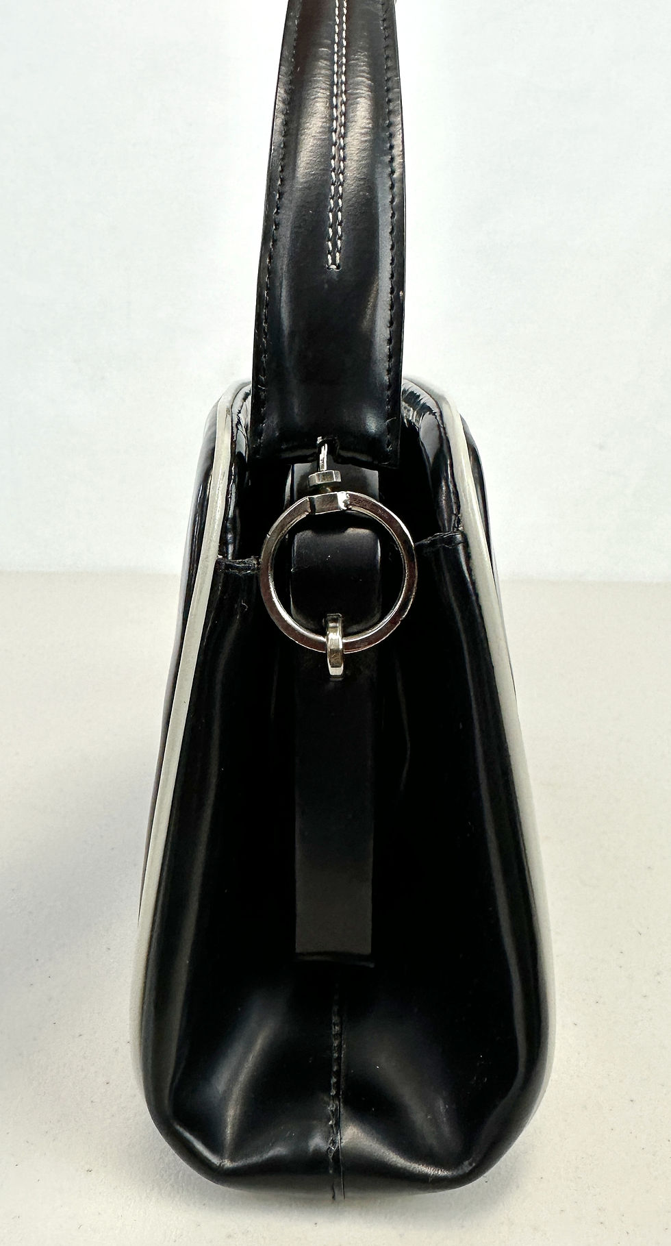 Thumbnail: PRADA Black Patent Leather White Trim Small Satchel Bag