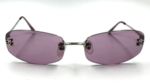 CHANEL Purple Lens Silver Rimless Frame CC Logo Sunglasses 4002