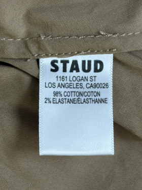 Miniatura: STAUD Amy Cotton Poplin Midi Dress Medium Taupe Striped Waistband 1/2 Sleeve