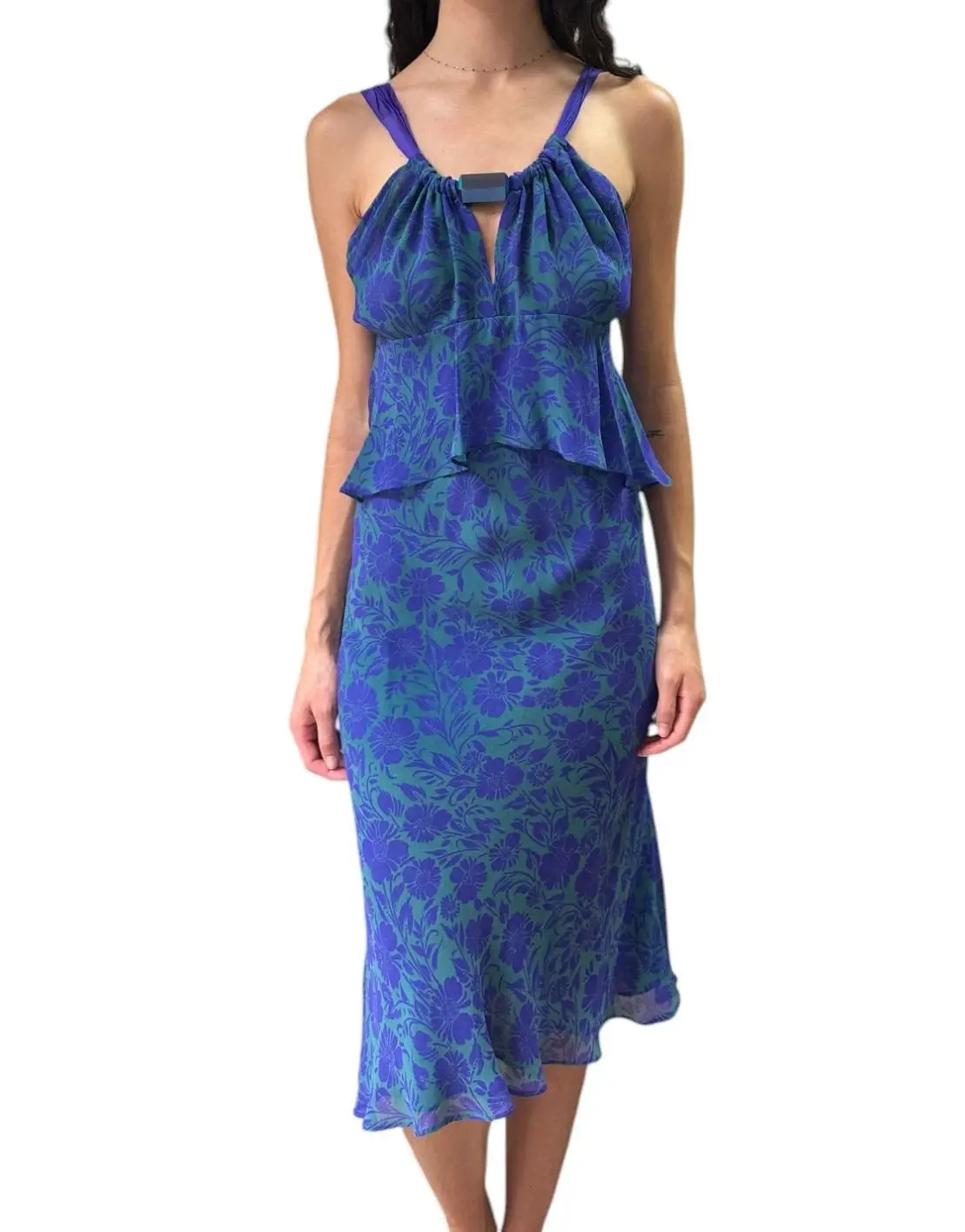 ETRO Floral Ruffle Halter Slip Knee Length Dress 42 6 Purple Green Silk Keyhole