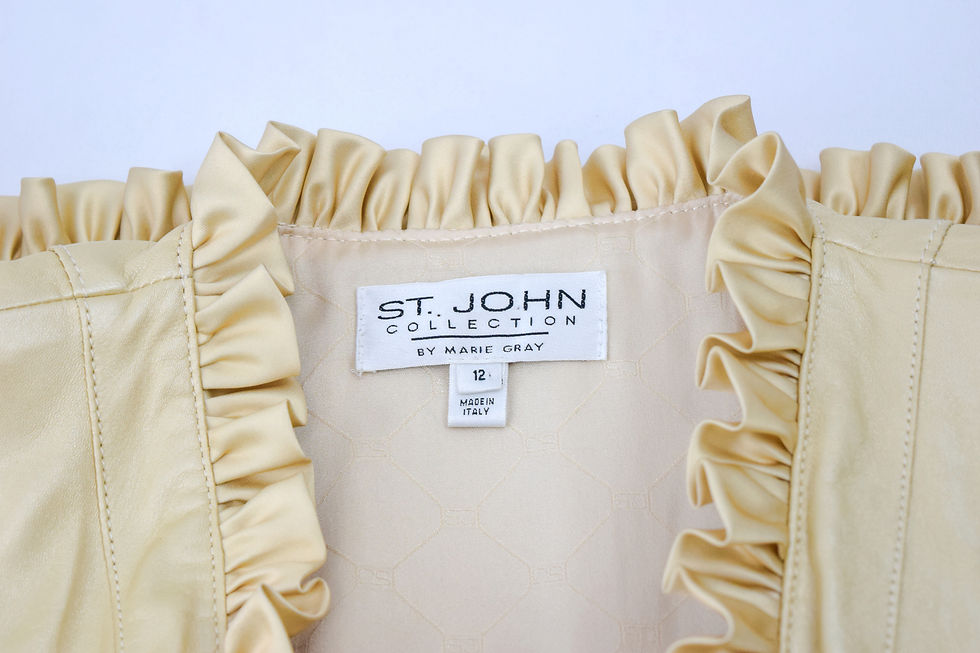 Thumbnail: Vintage ST. JOHN Leather Jacket 12 Metallic Gold Ruffle Tie Closure Large Silk