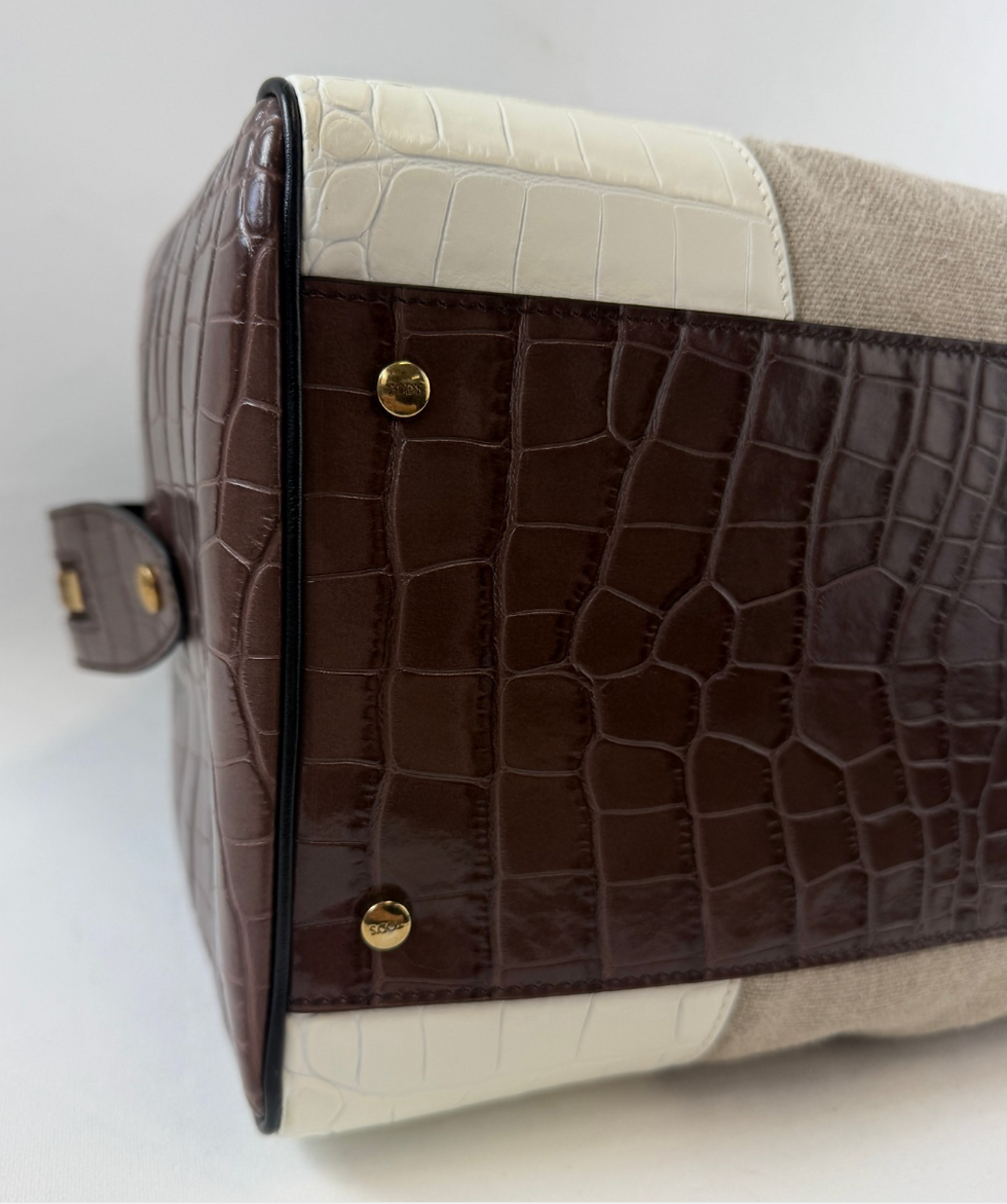Miniatura: TOD'S Sella 2 Way Satchel Bag Linen Canvas Croc Embossed Leather Trim 2018
