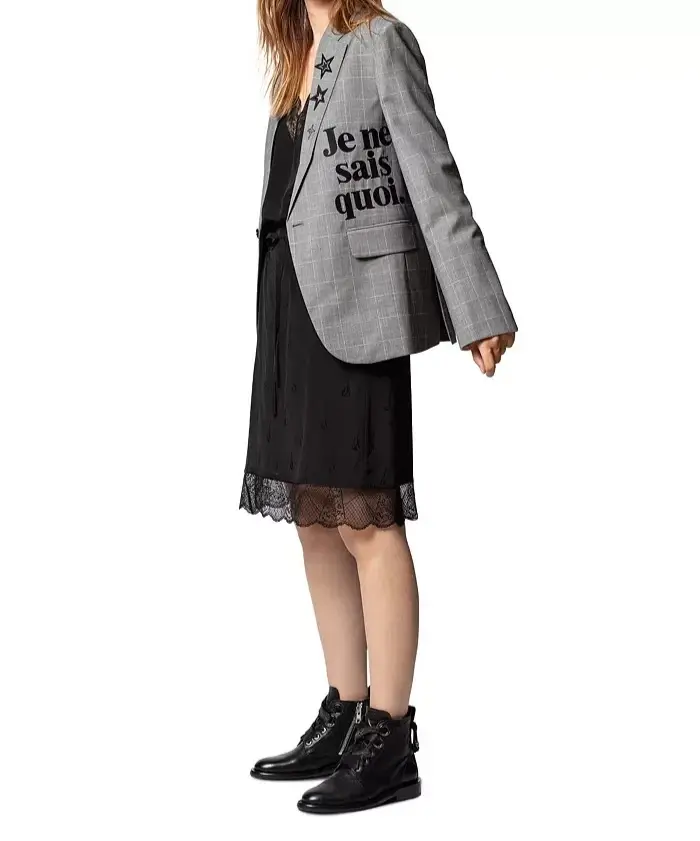 Hình thu nhỏ: ZADIG & VOLTAIRE Je Ne Sais Quoi Plaid Blazer 42 Gray Black Words Faux Pockets