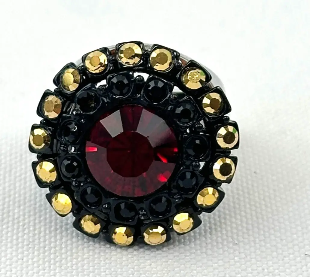 ST. JOHN RING Embellished Swarovski Crystals Signed Silver Red Black Gold 6.5 B