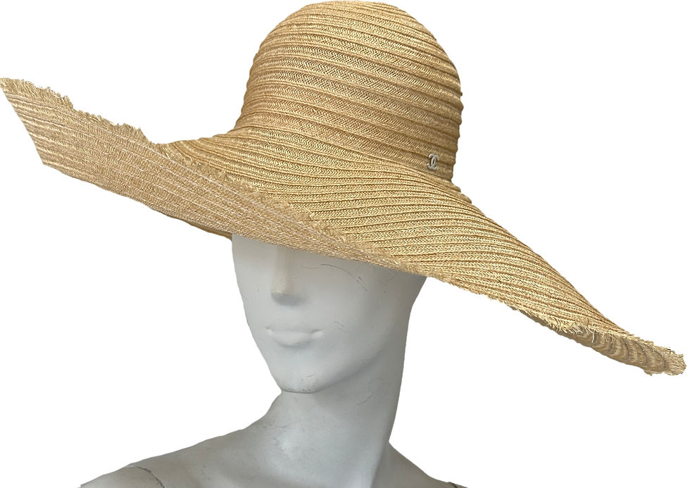 Thumbnail: CHANEL Large Brim Floppy Wicker Sun Hat Medium Raffia Dark White CC Logo