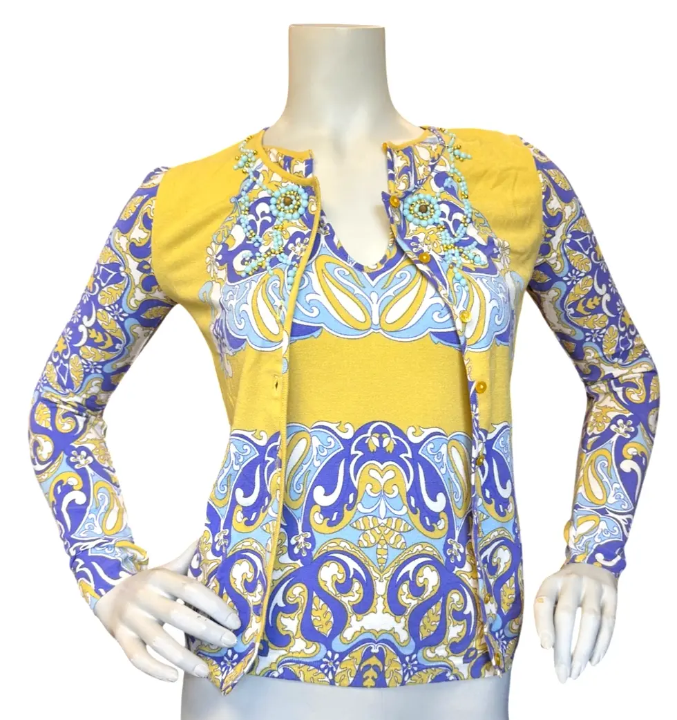 Miniatura: BLUMARINE Floral Paisley Beaded Cardigan Jacket 40 XS 4 Yellow Multicolor