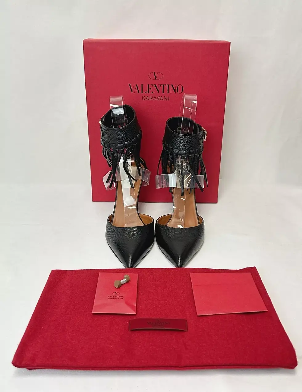 Hình thu nhỏ: VALENTINO Garavani Calfskin C Rockee Fringe Pumps 37.5 7.5 US Black Ankle Wrap