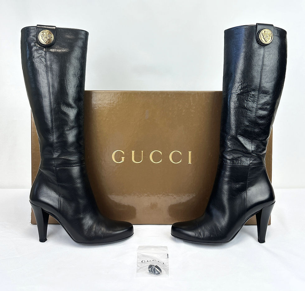Thumbnail: GUCCI Darwin Leather Knee High Boots 6 B Black Gold Knight Coin Medallion