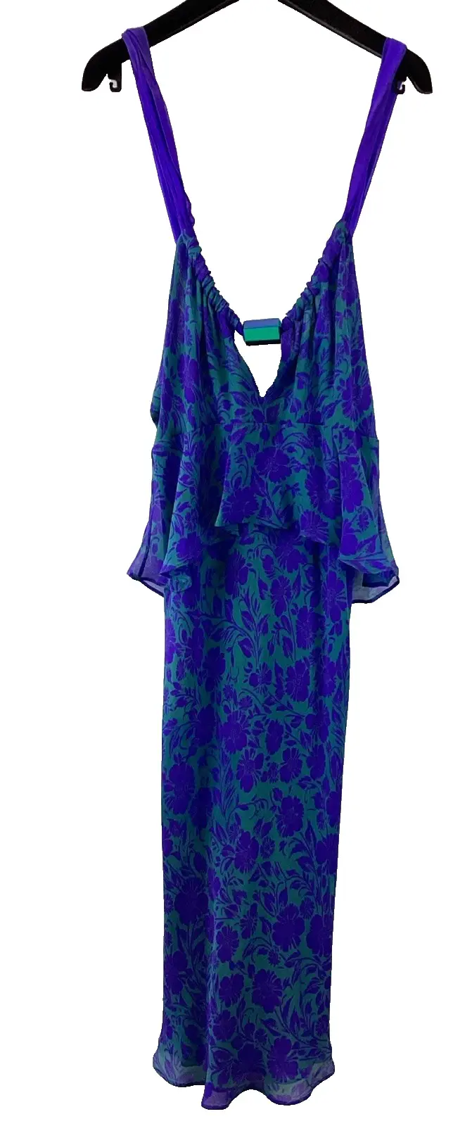 Thumbnail: ETRO Floral Ruffle Halter Slip Knee Length Dress 42 6 Purple Green Silk Keyhole