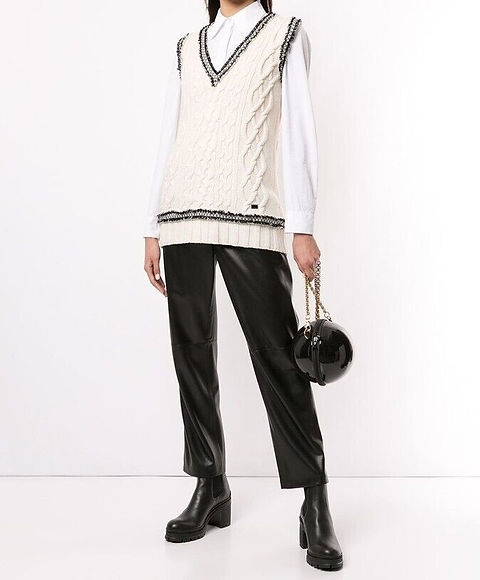 CHANEL Cable Knit Sweater Vest 42 Ivory Black Fray Trimming