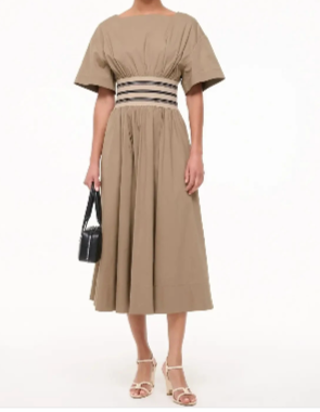 STAUD Amy Cotton Poplin Midi Dress Medium Taupe Striped Waistband 1/2 Sleeve