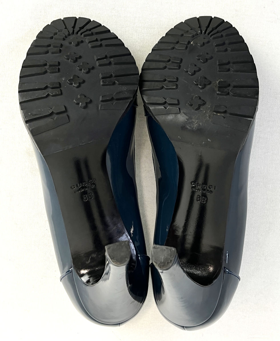 Thumbnail: GUCCI Teal Patent Leather Loafer Gold Horsebit Buckle Pumps Heels 8