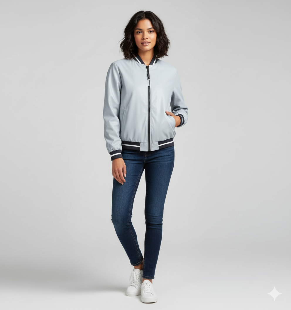 BRUNELLO CUCINELLI Leather Satin Reversible Bomber Jacket 42 6 Blue Grey Stripes