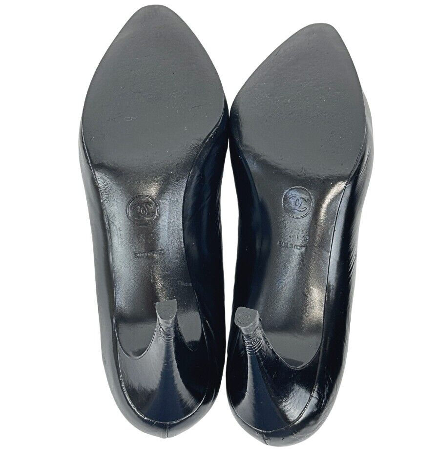 Thumbnail: Vintage CHANEL Shoes Patent Leather Pumps Heels 37.5 Black 7.5 CC Logo Classic