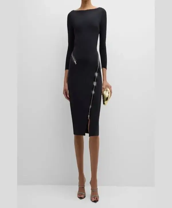 Thumbnail: CHIARA BONI La Petite Robe Elektris ZP Bodycon Midi Dress 44 8 Black Zipper NWT