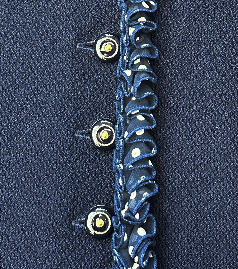 Thumbnail: NEW ST. JOHN COLLECTION Navy Knit Polka Dot Ruffle Trim Gold Buttons Jacket 2 Sm