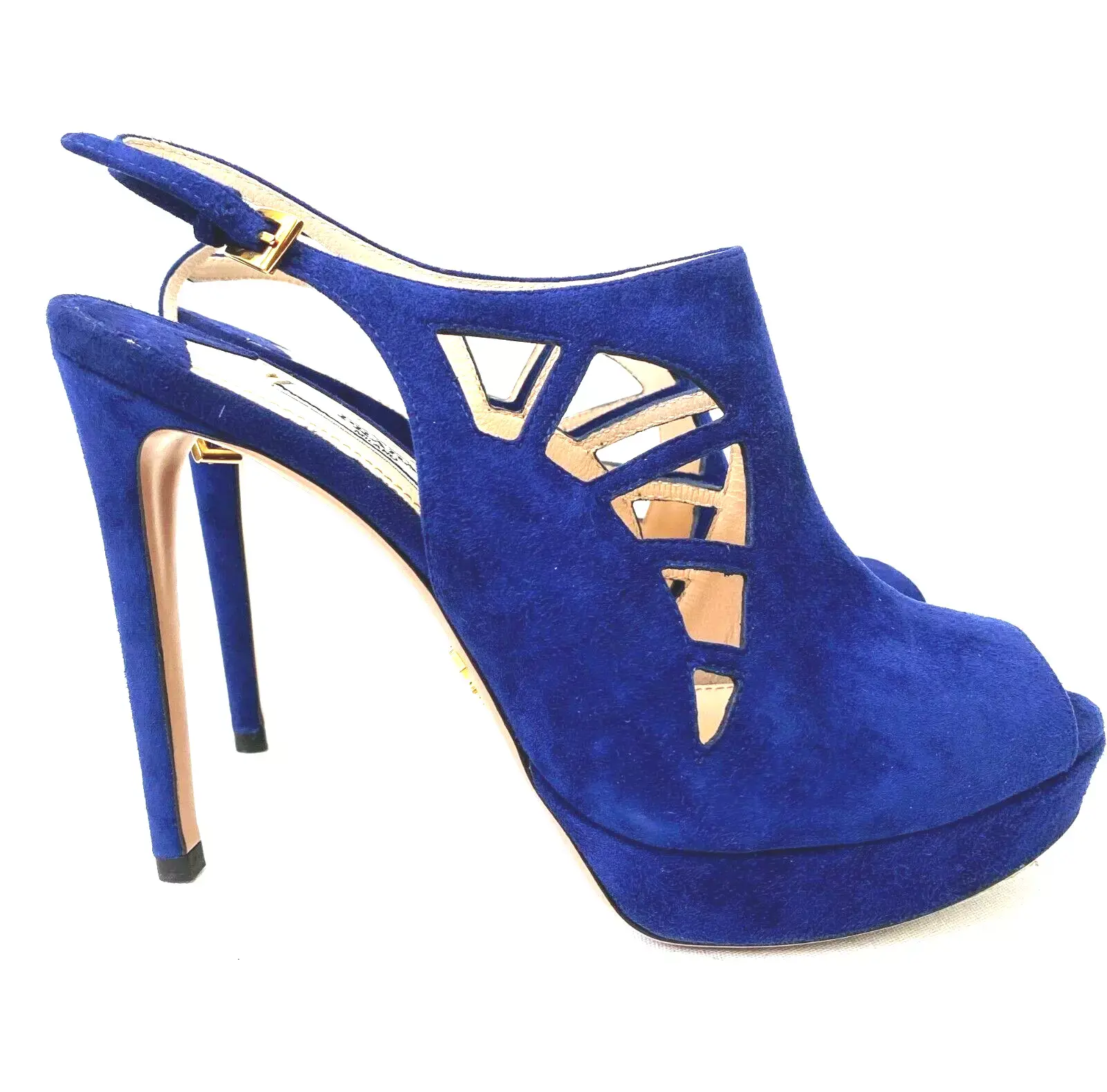NEW PRADA Camoscio Royal Navy Blue Suede Cutout Slingback Heels Shoes 37.5 7.5