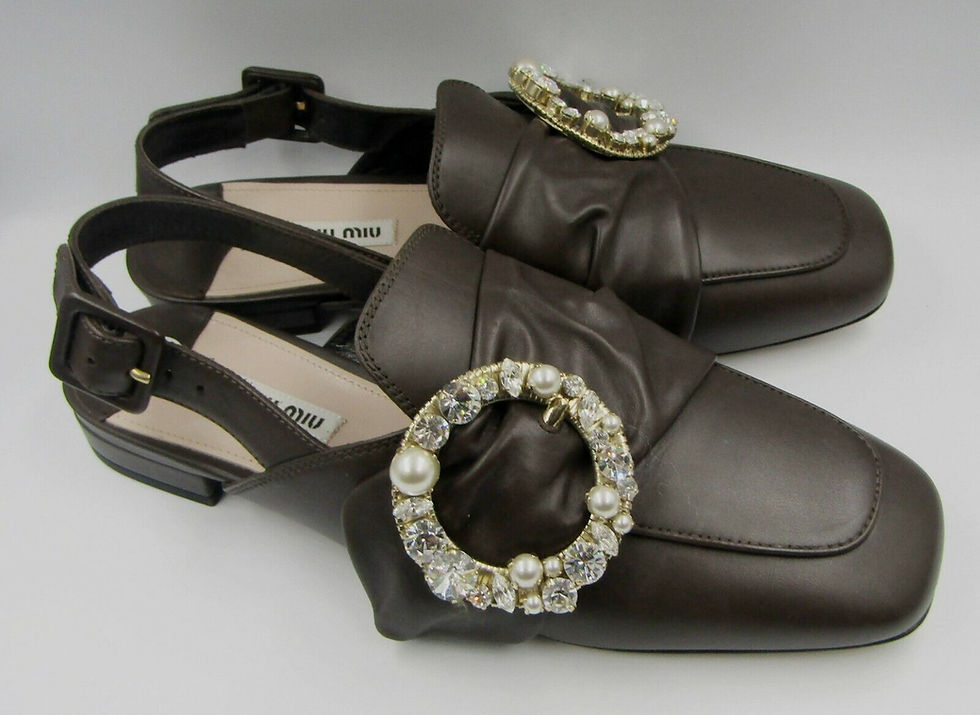 Thumbnail: MIU MIU Brown Moro Leather Buckle Crystals Pearl Slingback Mules 39.5 9.5