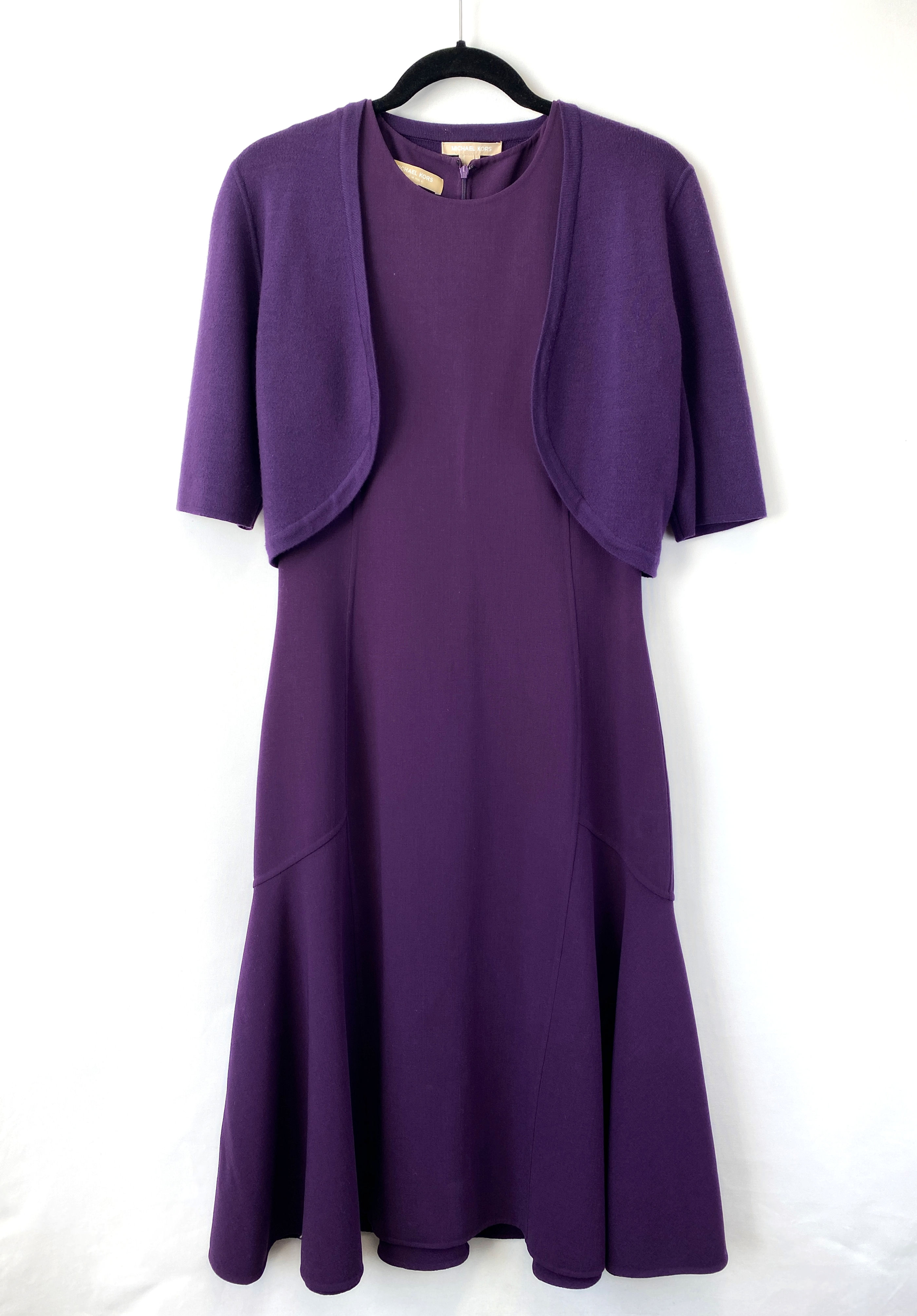 MICHAEL KORS Purple Fishtail Dress Cropped with Bolero Jacket 10 Medium 2 pc