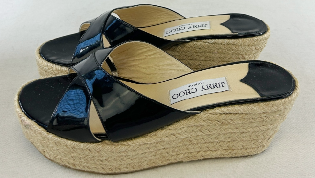 Miniatura: JIMMY CHOO Paisley Patent Leather Espadrille Wedges 38 8 US Black Open Toe