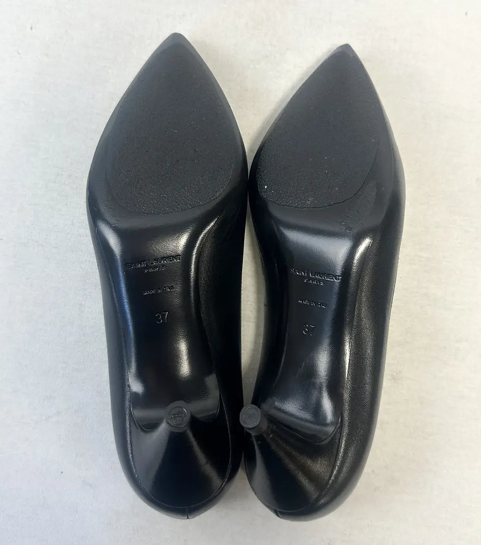 縮圖：YSL SAINT LAURENT Anais 55 Pumps 37 7 Black Navy Pointed Toe Bow Gold Logo Shoes