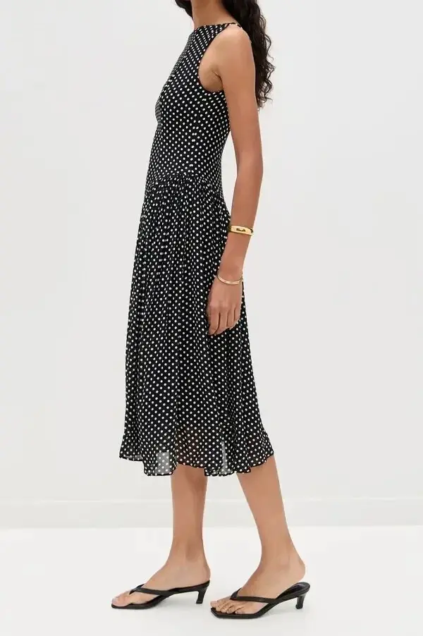 Thumbnail: REFORMATION Anelis Fit and Flare Midi Dress 10 Black White Caviar Polka Dot NWT
