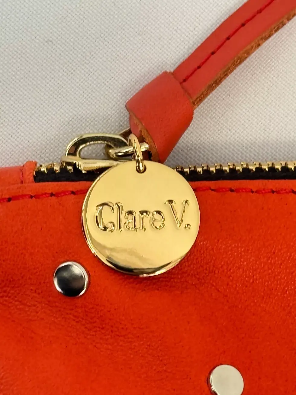 Thumbnail: CLARE V. Soft Leather Clutch Orange Pouch Medium Silver Studded Logo Zipper