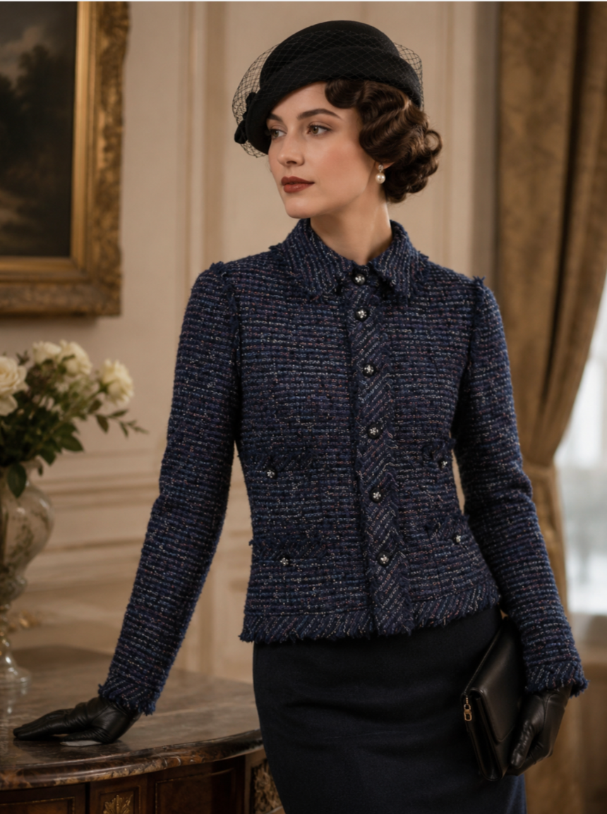 Hình thu nhỏ: CHANEL Tweed Jacket 38 6 Navy Multicolor Fringe Trim Star Buttons Pockets 2005