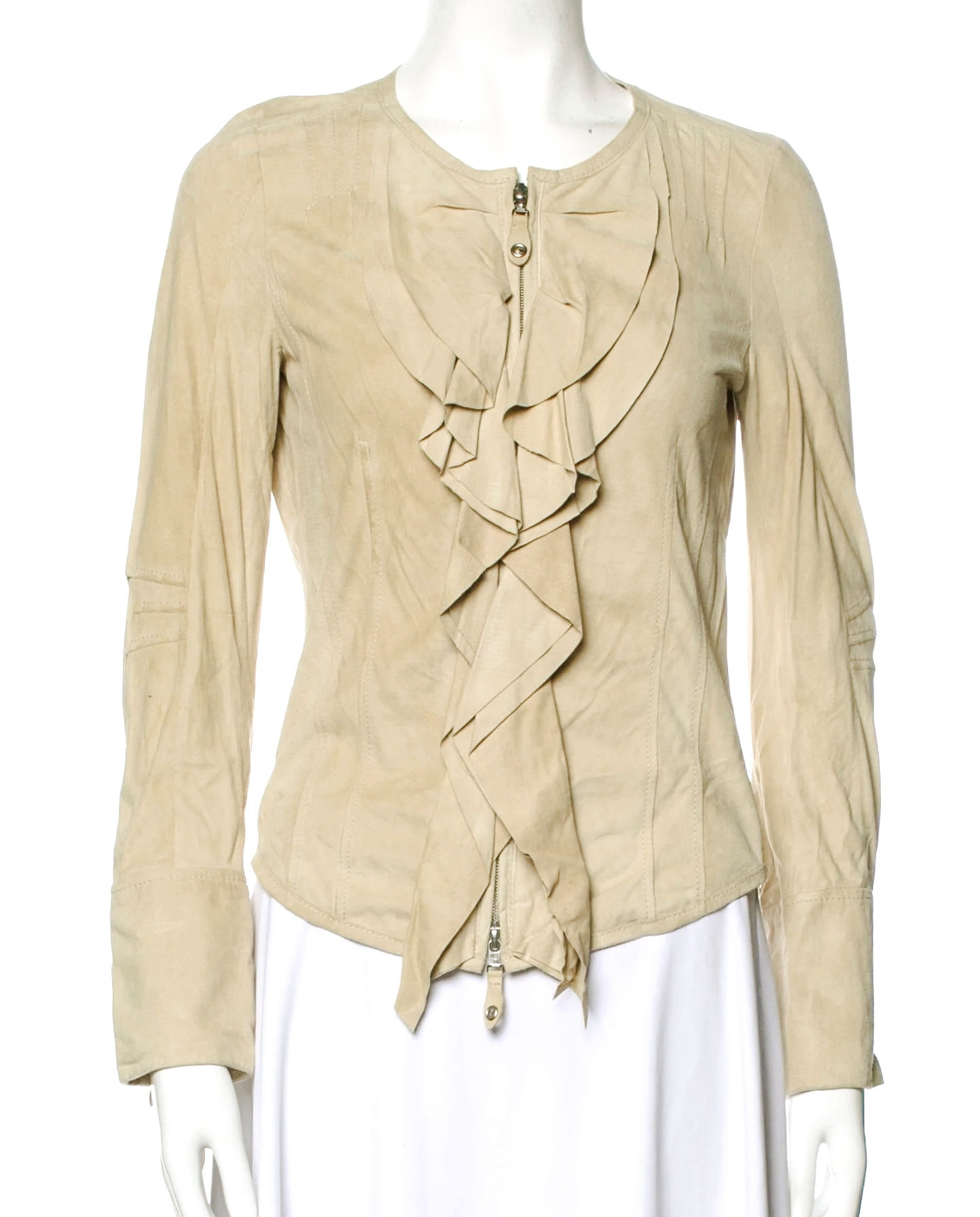 NEW LUISA CERANO Lamb Leather Suede Jacket 6 Tan Ruffle Zipper Beige 36 Zip Up
