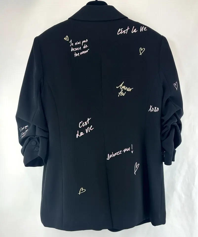 Miniatura: CINQ A SEPT Lila Love Note Blazer Jacket Large Black Embroidered Word NEW