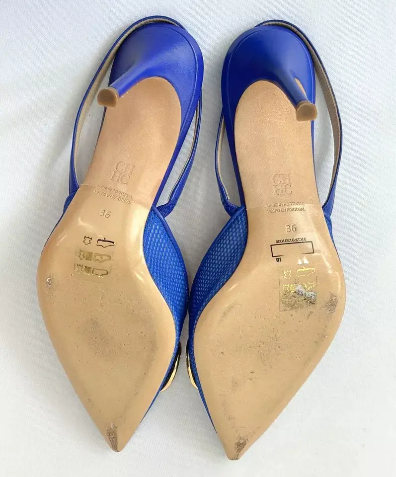 Miniatura: CAROLINA HERRERA Slingback 80 Mesh Pumps 36 5.5 Blue Gold Pointed Logo Initials