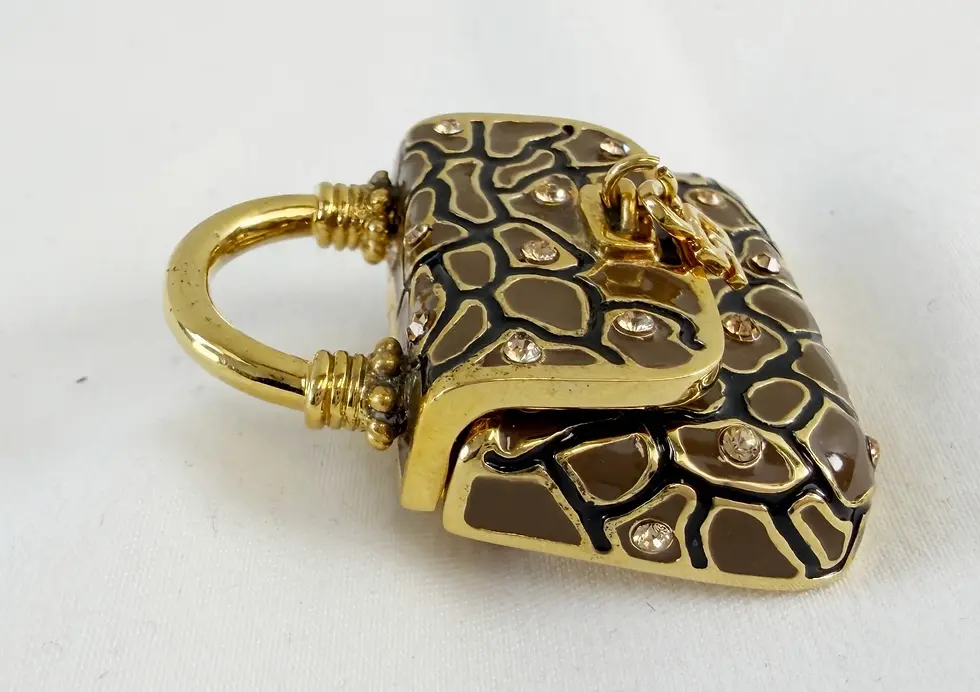 Thumbnail: NEW ST. JOHN Handbag Brooch Brown Print Enamel Crystals 24KGP Logo Pin Enhancer