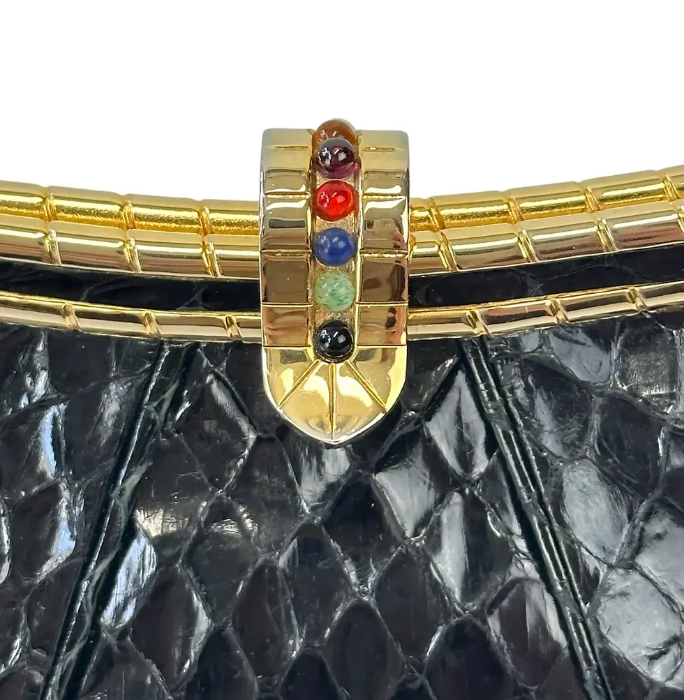 Hình thu nhỏ: JUDITH LEIBER Snakeskin Leather Clutch Bag Small Black Gold Multi Stones