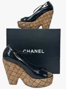 Thumbnail: CHANEL Black Patent Leather Quilted Cork Open Toe Wedge Platforms 8.5