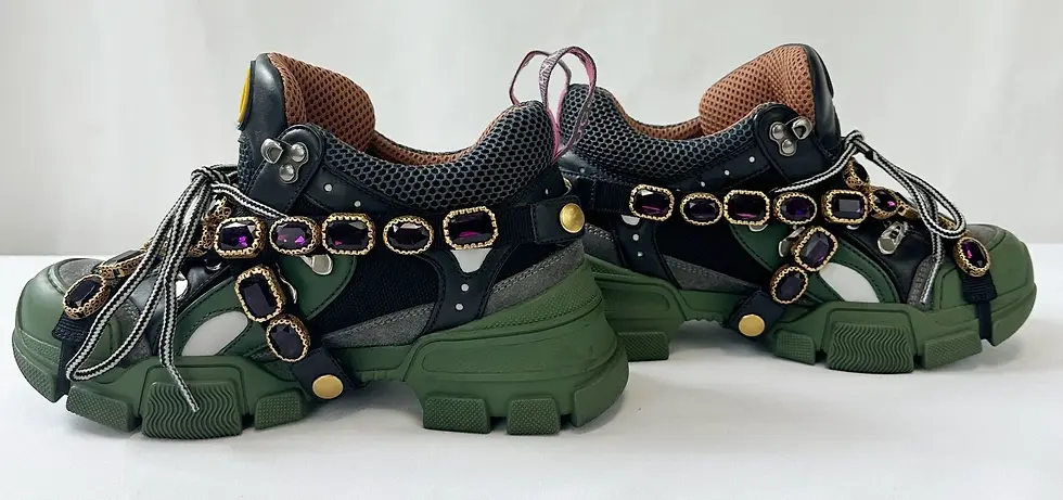 Thumbnail: GUCCI Flashtrek Mesh Leather Suede Sneakers 36.5 Black Green Crystals Shoes 6.5
