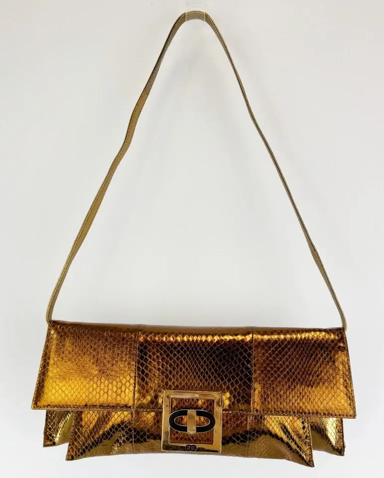 Hình thu nhỏ: ESCADA Gold Metallic Clutch Shoulder Bag Snake Skin Pattern Leather Large