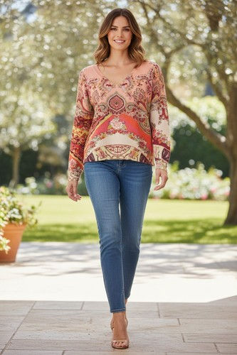ETRO 44 Paisly Floral Top 12 Sweater Peach Multi Long Sleeve Large Pullover