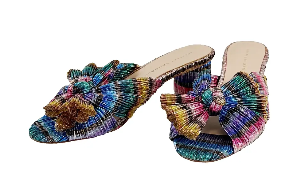 Thumbnail: LOEFFLER RANDAL Emilia 6.5 Ruffles Multicolor Pleated Bow Mule Block Heel